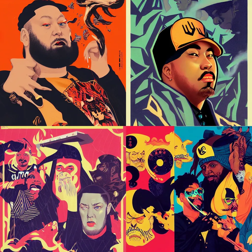 Prompt: Wu Tang Clan and Action Bronson smoking doja by Sachin Teng + Karol Bak + Rolf Armstrong