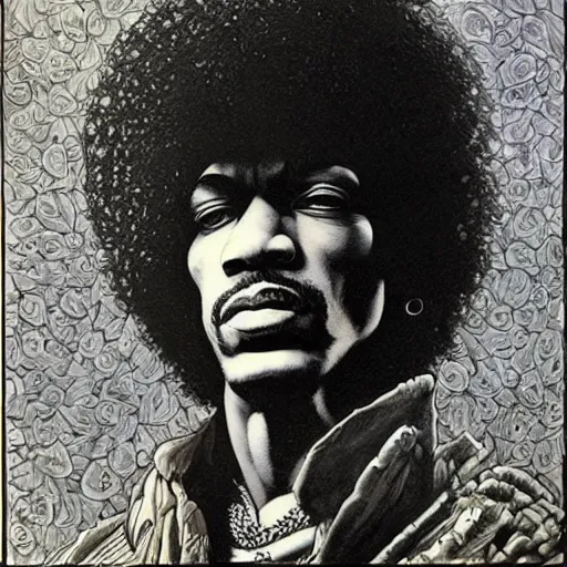 Image similar to artwork by Franklin Booth showing a portrait of Jimi Hendrix