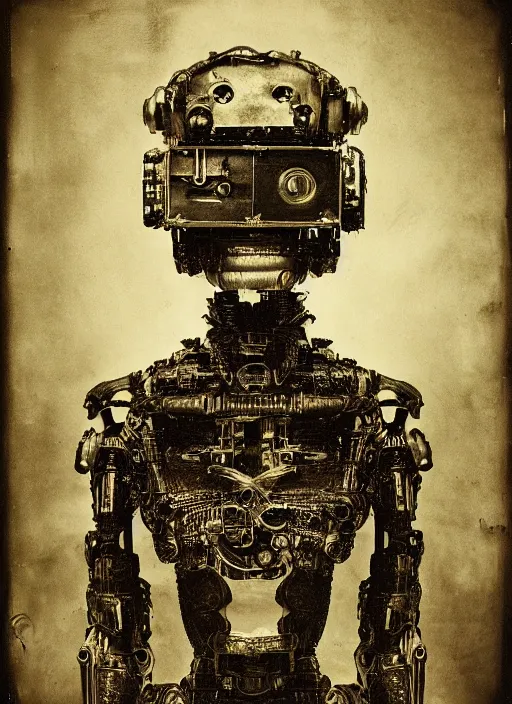 Prompt: old wetplate daguerreotype portrait of futuristic robot, dubbel negative exposure, explosion of data fragments, shallow dept of field, fractal, intricate, elegant, highly detailed, parallax, leica, medium format, subsurface scattering, by jheronimus bosch and greg rutkowski and louis jacques mande daguerre