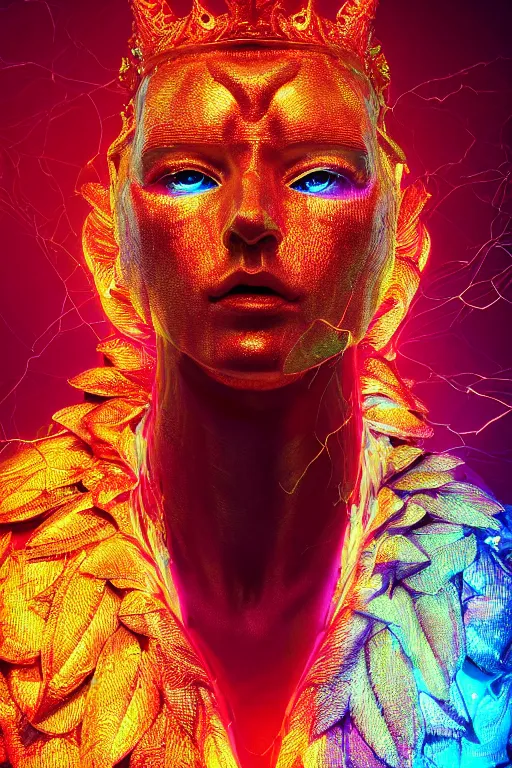 Image similar to hyper detailed ultra sharp portrait of baroque and bladerunner delicate neon ruby sculpture of seductive albino primce royce tigers orange iridescent humanoid deity wearing metallic hoody made out of leaves holding the sun prismatic dungeon, glowing rainbow face, crown of white diamonds, cinematic lighting, photorealistic, octane render 8 k depth of field 3 d