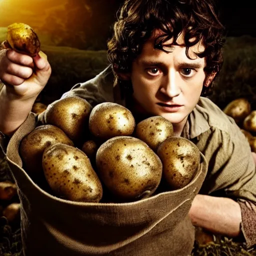 Image similar to frodo from lord of the rings in a burlap sack of potatoes surrounded by potatoes, potatoes, photography, realistic, mid shot, in the shire, cinematic lighting