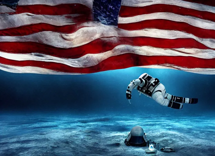 Image similar to astronaut underwater putting a flag in the sand of the bottom of the ocean. in the background, a submarine is visible. dark, concept art, cinematic, dramatic, atmospheric, 8 k, trending on artstation, zack snyder