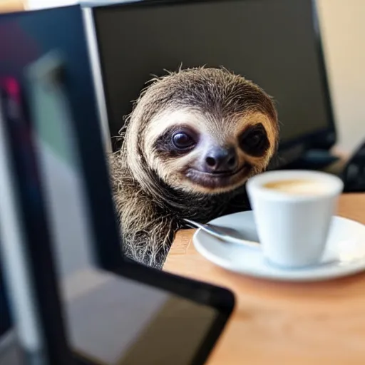 Prompt: An adorable baby sloth in a beanie working at his job as a computer programmer, drinking a cup of coffee, 4k photograph