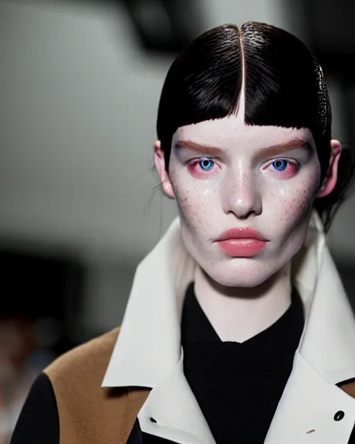 Prompt: olivia wearing a mobius strip jacket, runway model at new york fashion week, fit curvy physique, black hair, freckles, pale skin, photo by greg rutkowski, stage lighting, soft colors, female beauty, intricate detail, elegance, 3 5 mm, depth of field, masterpiece