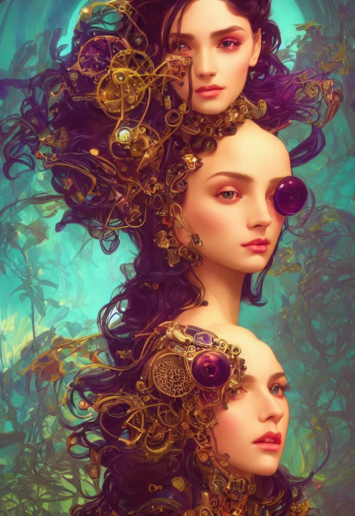 Image similar to beautiful, young woman, detailed gorgeous face, magical, steampunk, vaporwave aesthetic, synthwave, colorful, psychedelic, artstation, concept art, smooth, extremely sharp detail, finely tuned detail, ultra high definition, 8 k, unreal engine 5, ultra sharp focus, illustration, art by artgerm, greg rutkowski and alphonse mucha