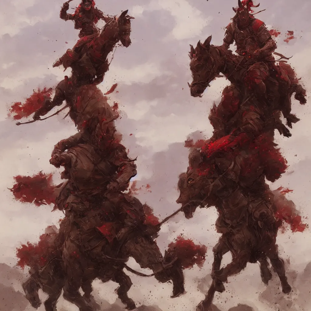 Image similar to Red ogre riding a horse, funny, portrait, Greg rutkowski