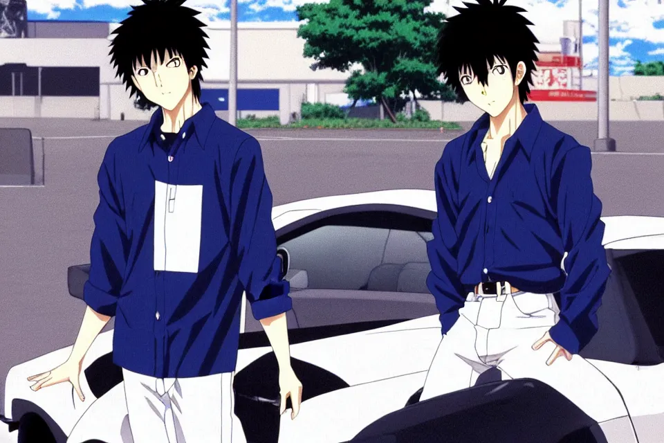 KREA - very serious ryosuke takahashi with black hair wearing a dark blue  shirt and white pants stands alone leaning on his white mazda rx 7 on an  empty gas station, late