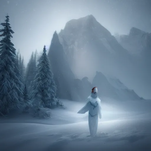 Image similar to a handsome snow elf in majestic arctic hills, pure white hazy overcast skyvolumetric light, hyperdetailed, arstation, cgsociety, 8 k,