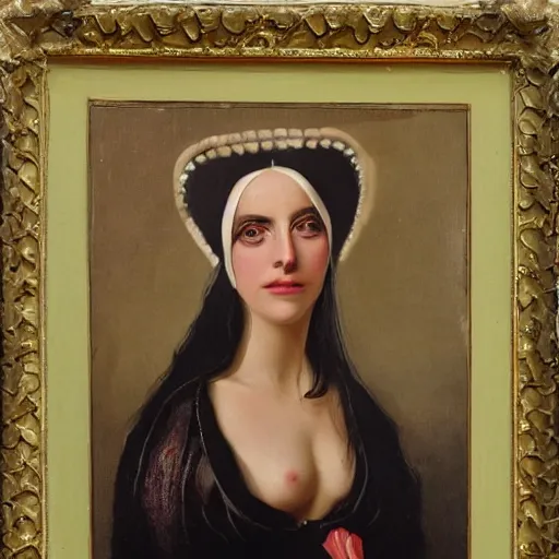 Prompt: lady gaga as a handmaiden, 1 8 0 0 s oil on canvas painting,