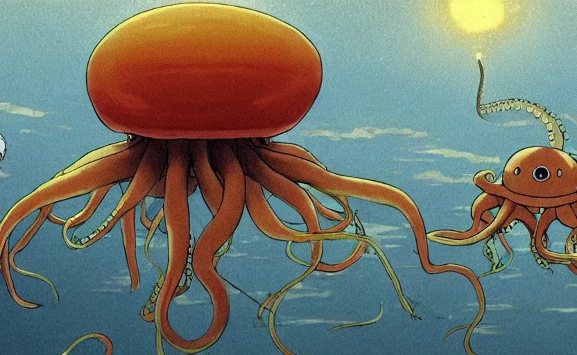 Image similar to a realistic cell - shaded studio ghibli concept art from paprika ( 2 0 0 6 ) of a flying multi - colored octopus from close encounters of the third kind ( 1 9 7 7 ) and dimensional portal to another world above a flooded pyramid complex on a misty starry night. very dull colors, wide shot, hd, 4 k, hq
