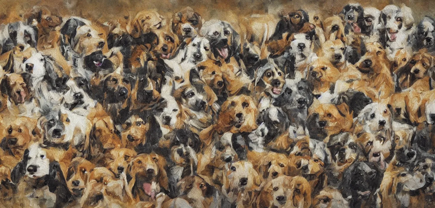 Image similar to cheerful painting of dogs at war, multiple points of focus, detailed painting by ralph goings, soft edges, tilt shift