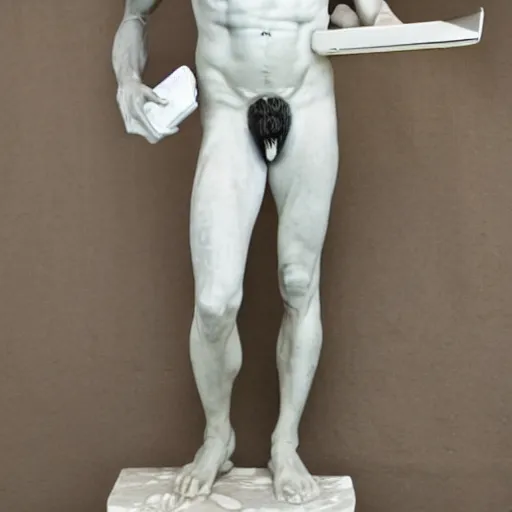 Prompt: epic greek marble statue of a thin tall man, shaved, with very long hair, coding on a laptop