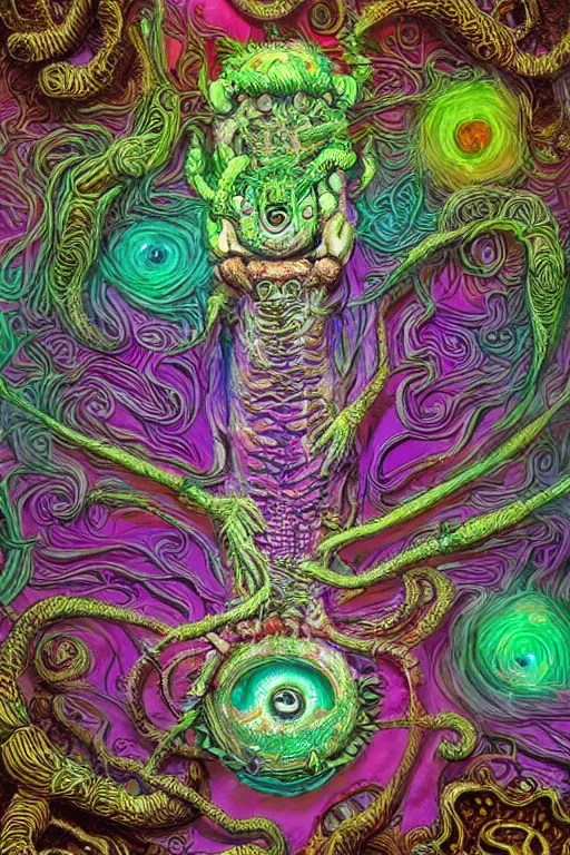 Image similar to creature sushi roots cactus elemental flush of force nature micro world fluo light deepdream a wild amazing steampunk baroque ancient alien creature, intricate detail, colorful digital painting radiating a glowing aura global illumination ray tracing