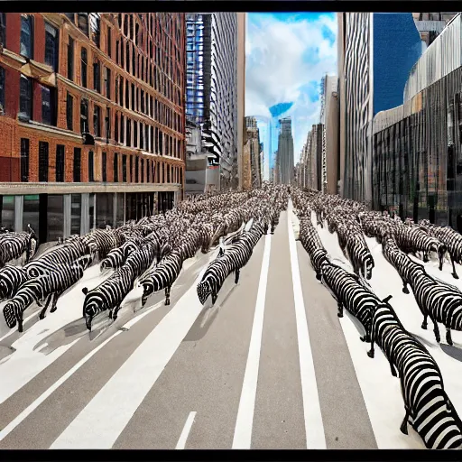 Prompt: polychromatical zebras running on a stampede in maddison avenue, view from the buildings, realistic