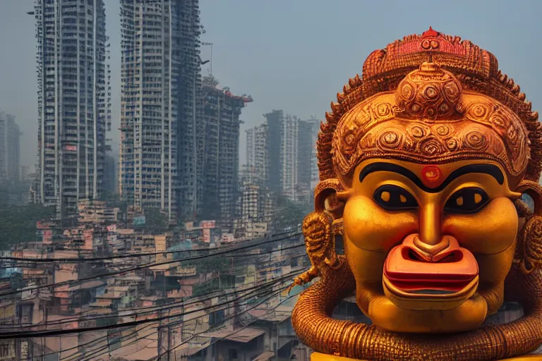 Image similar to high quality 3 d cyberpunk biomorphic hanuman head building in the middle of mumbai!!, kalighat highly detailed, cinematic smooth, stephen shore & john j. park, soft morning light, wide shot, high angle, uhd 8 k, deep focus