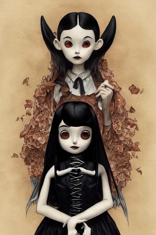 Image similar to beautiful cottagecore Ariana Grande as Wednesday Addams holding a Coraline doll, Black Hair, Goth, gothic, castlevania, intricate, elegant, highly detailed, digital painting, artstation, concept art, smooth, sharp, focus, illustration, art by artgerm and greg rutkowski and alphonse mucha