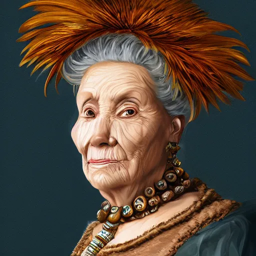 Image similar to portrait headshot digital painting of a old 17th century old lady cyborg merchant, amber jewels clorful feathers baroque ornate clothing