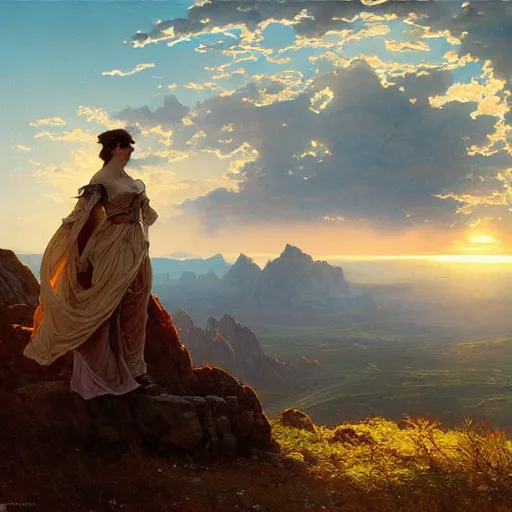 Image similar to an ultradetailed matte landscape painting of mountain sized sculpture of a beautiful and elegant woman, sunrise on the horizon in the background, stone hand raised up, 8 k, art by greg rutkowski and alphonse mucha and andreas rocha and albert bierstadt