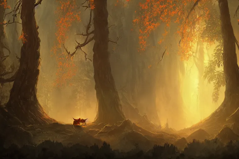 Prompt: sunset lighting ominous shadows, cinematic fantasy painting, dungeons and dragons, an ashigaru mouse looks over an autumn forest clearing of wildflowers glade jessica rossier and brian froud