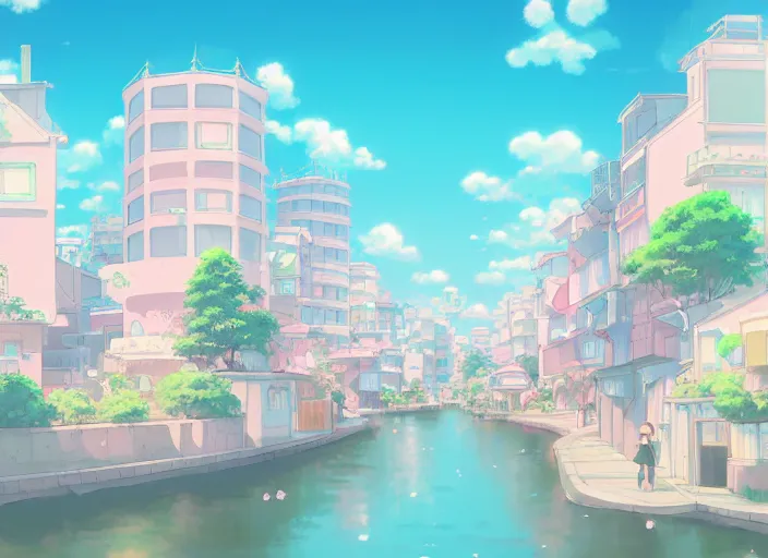 Image similar to 8k digital illustration depicting a quaint anime city in serene pastel color scheme, inspired by studio ghibli, Artstation, CGsociety, zbrushcentral