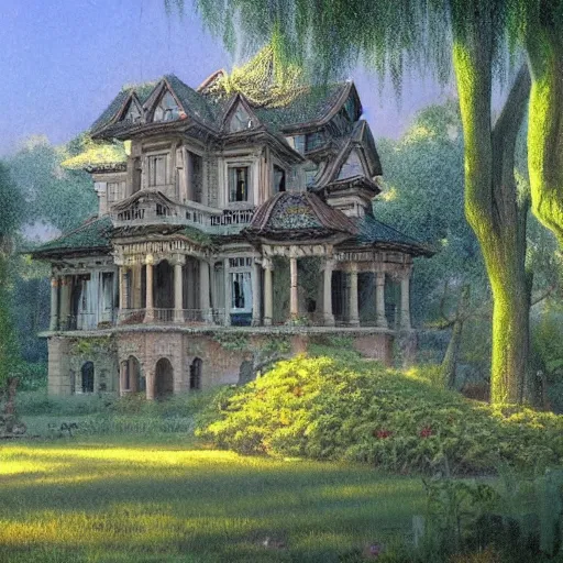 Image similar to mansion in a willow tree grove, Darrell K Sweet, artstation