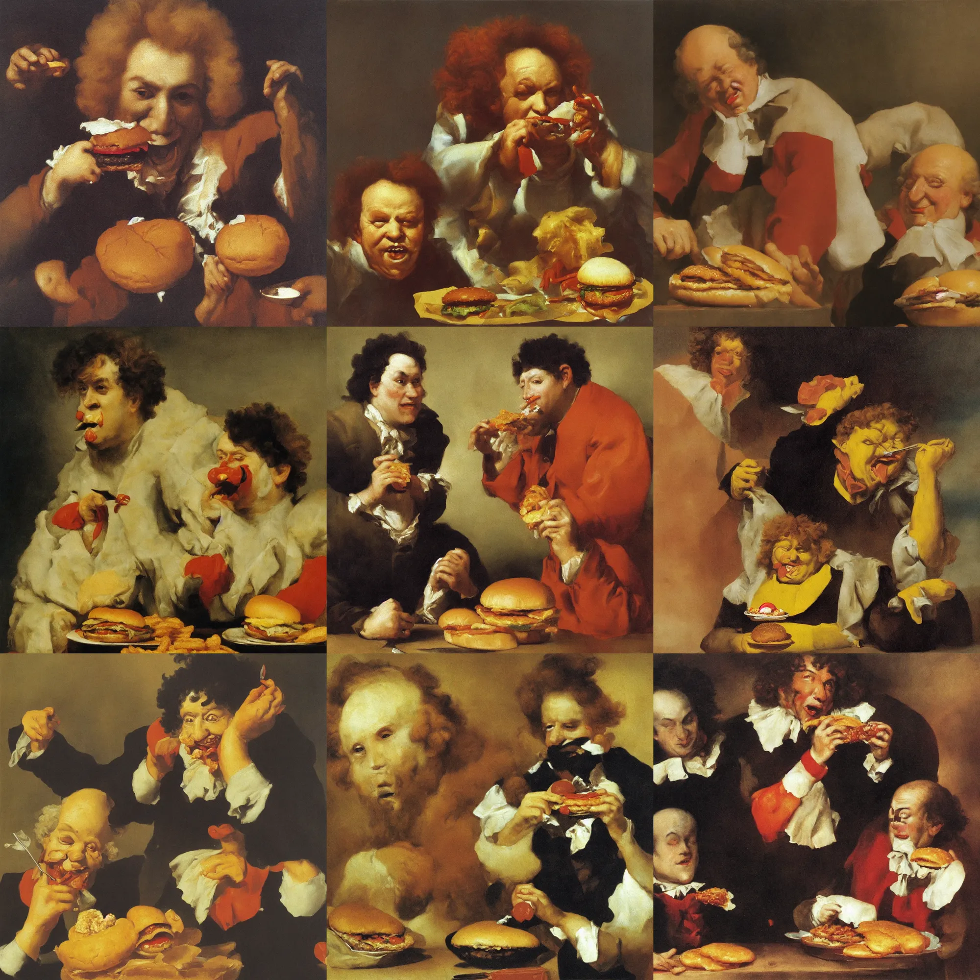 Prompt: ronald mcdonald eating a hamburger, painting by fransisco goya