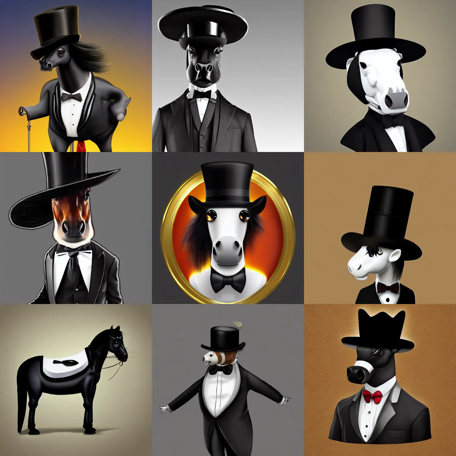 Prompt: a horse wearing a tuxedo and bowler hat. trending on artstation, highly detailed award - winning digital art