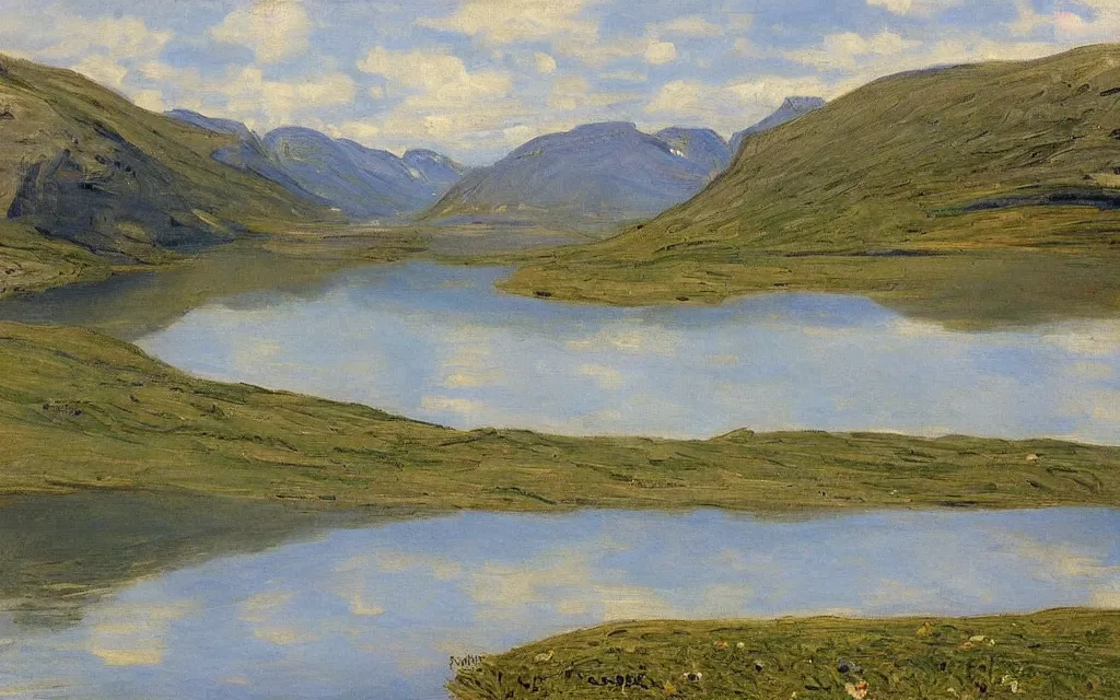 Image similar to a painting of large lake in norway, spring, oil on canvas, by peder severin kroyer