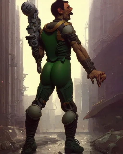 Image similar to luigi in a ensemble, ernest khalimov body by krista sudmalis, fantasy character portrait, ultra realistic, futuristic background by laurie greasley, concept art, intricate details, highly detailed by greg rutkowski, ilya kuvshinov, gaston bussiere, craig mullins, simon bisley