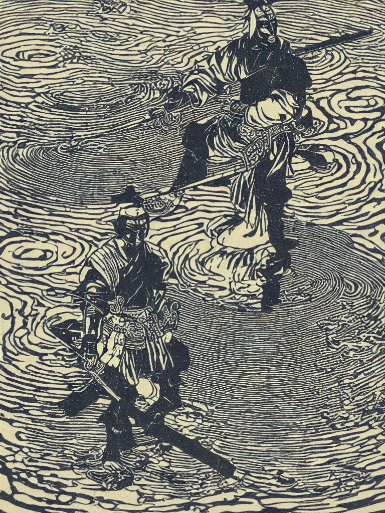 Prompt: old printmaking woodblock print of a samurai (in the middle of the composition, centered) with a katana standing in water with ripples around him, a big sun above. beautiful dark fantasy, 8k detail