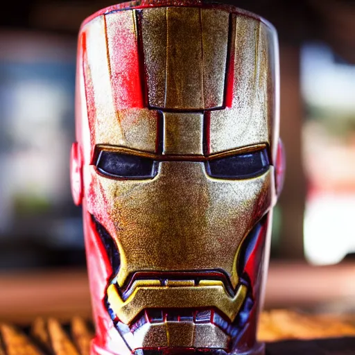 Image similar to a closeup photorealistic photograph of an iron man style tiki mug at a trader vic's beach bar featuring the face of iron man. tiki party. bright scene. fine detail. this 4 k hd image is trending on artstation, featured on behance, well - rendered, extra crisp, features intricate detail, epic composition and the style of unreal engine.