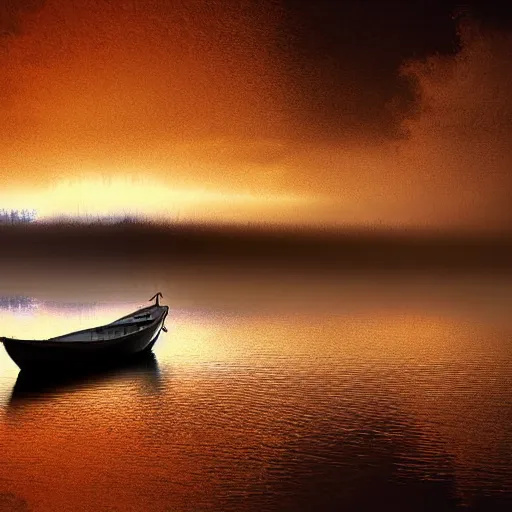 Prompt: boat on a still river, raining and foggy night view, one bright lantern in boat 4 k digital art
