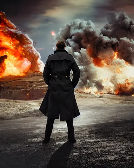 Image similar to a fox in a black trench - coat in front of a huge explosion in the middle of a war, style of anime