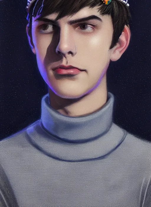 Image similar to portrait of teenage jughead jones wearing a light grey crown, crown, blue turtleneck, 1 9 5 0 s, closed eyes, photorealistic, black hair, glowing lighting, intricate, elegant, glowing lights, highly detailed, digital painting, artstation, concept art, smooth, sharp focus, illustration, art by wlop, mars ravelo and greg rutkowski