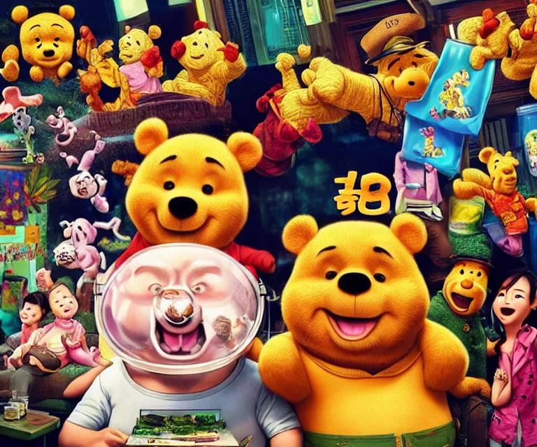 Image similar to hyperrealism the hangover movie still photography of real detailed high xi jinping with detailed face with high winnie the pooh marijuana dmt lsd ecstacy cocaine hyperrealism photography by araki nobuyoshi, wlop, pixar