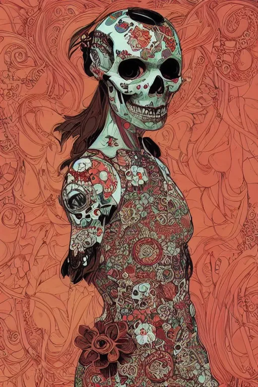 Image similar to beautiful skull cyborg portrait girl illustration, detailed patterns art of vietnam traditional dress, pop art, splash painting, art by geof darrow, ashley wood, alphonse mucha, makoto shinkai