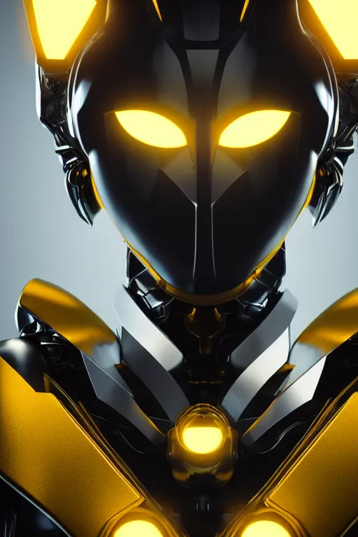 Prompt: maria of metropolis, humanoid robot, golden full body armor, deployed wings, beautiful helmet in the shape of a face, glowing yellow eyes, scifi, futuristic, raytracing, glowwave, sharp focus, cinematic lighting, artstation, divine, unreal engine 5 rendered, by fritz lang