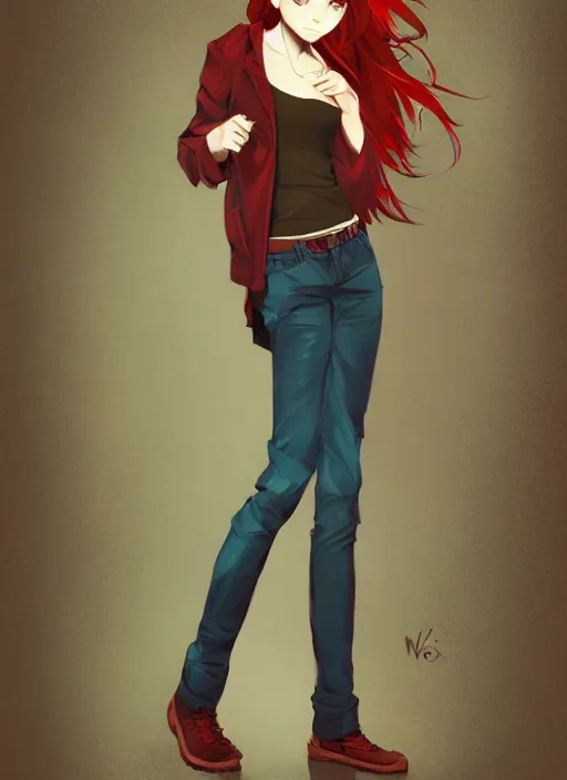 Prompt: full-body shot of an attractive tomboy girl with long, crimson red hair and red eyes, wearing a brown, open jacket and green jeans with a stern look, midriff, concept art, character design, by WLOP, by Ross Draws, by Tomine, by Satoshi Kon, by Rolf Armstrong