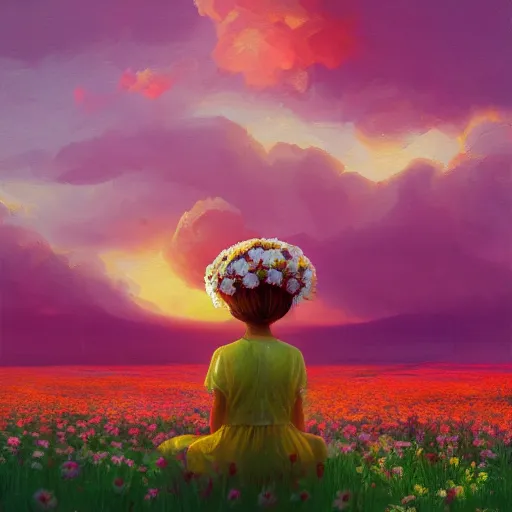 Image similar to giant daisy flower as head, girl sitting in a flower field, surreal photography, sunrise, dramatic light, impressionist painting, colorful clouds, digital painting, artstation, simon stalenhag