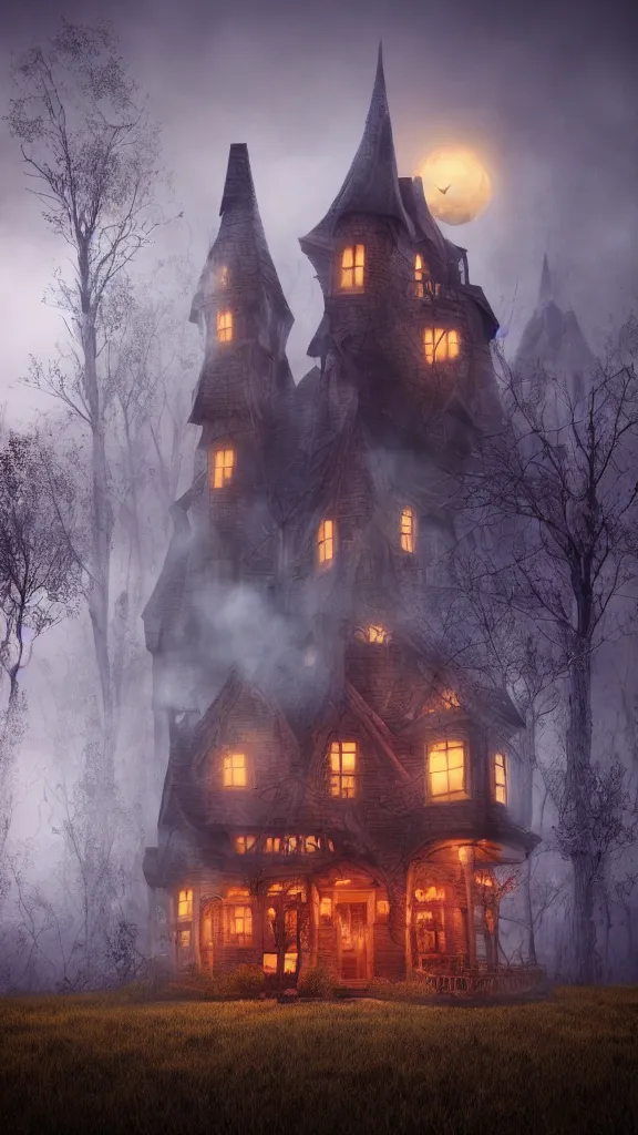 Image similar to fabricate an old witch house in style of wizard of oz, lots of smoke, gloomy, soft yellow red, atmosphere, rooftop smoking,, cinematic, unreal engine, golden ratio, cosmic horror, realistic, photorealistic. realistic, 8 k octanerender