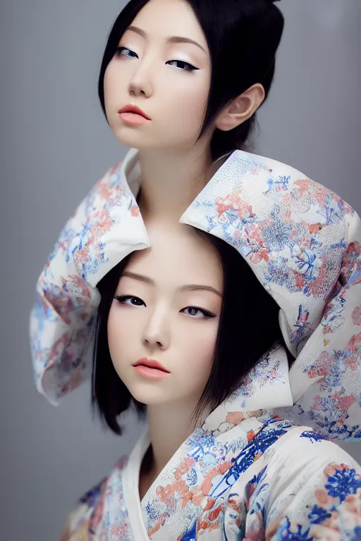 Prompt: a beautiful portrait of a gorgeous japanese girl wearing kimono, photorealistic, porcelain skin, beautiful eyes, smooth, trending on artstation, portrait photography, 8 5 mm, beautiful volumetric lighting, studio lighting