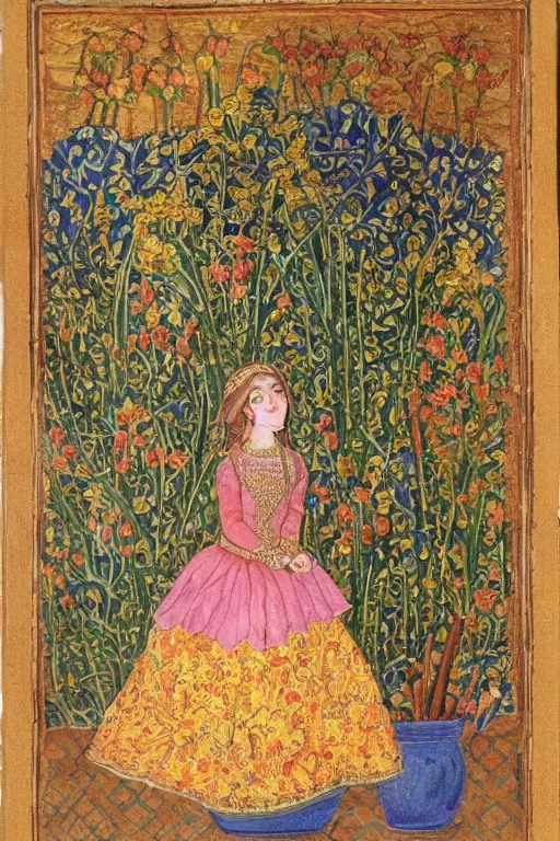 Prompt: girl waer detailed golden arabesque dress with a lot of narcissus in persian pot, miniature painting