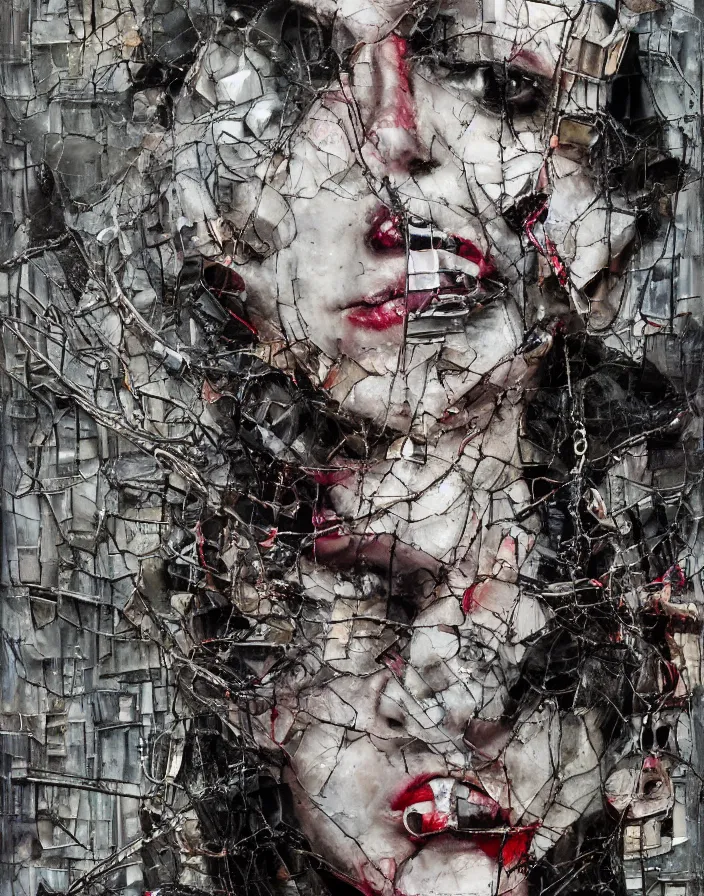 Prompt: chained sophisticated depravity, mixed media collage, assemblage, oil painting, minimalist, contemporary art, punk art, photorealistic, portrait, expressionism, masterpiece, dynamic composition, spectacular quality, intricate details, shattered glass texture, chains, neon, smoke, harmonic