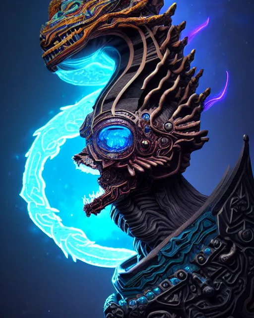 Image similar to 3 d ornate carved dark cosmic warrior with profile portrait, sigma 5 0 0 mm f / 5. beautiful intricate highly detailed quetzalcoatl skull. bioluminescent, plasma, lava, ice, water, wind, creature, thunderstorm! artwork by tooth wu and wlop and beeple and greg rutkowski, 8 k trending on artstation