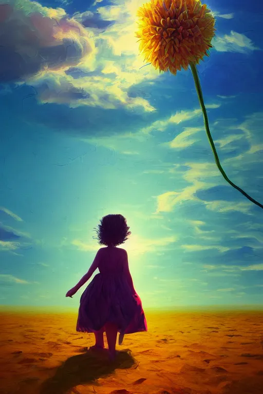 Image similar to closeup huge dahlia flower head, girl with dress on beach, surreal photography, blue sky, sunrise, dramatic light, impressionist painting, digital painting, artstation, simon stalenhag