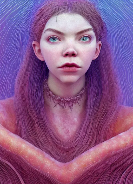 Prompt: hyper detailed 3d render like a Oil painting - very coherent Concrete displacement mapped profile subsurface scattering (a beautiful fae princess protective playful expressive from dark crystal that looks like Anya Taylor-Joy) seen red carpet photoshoot in UVIVF posing in caustic light pattern pool to Eat of the Strangling network of yellowcake aerochrome and milky Fruit and His delicate Hands hold of gossamer polyp blossoms bring iridescent fungal flowers whose spores black the foolish stars by Jacek Yerka, Ilya Kuvshinov, Mariusz Lewandowski, Houdini algorithmic generative render, golen ratio, Abstract brush strokes, Masterpiece, Victor Nizovtsev and James Gilleard, Zdzislaw Beksinski, Tom Whalen, Mark Ryden, Wolfgang Lettl, hints of Yayoi Kasuma and Dr. Seuss, Grant Wood, octane render, 8k