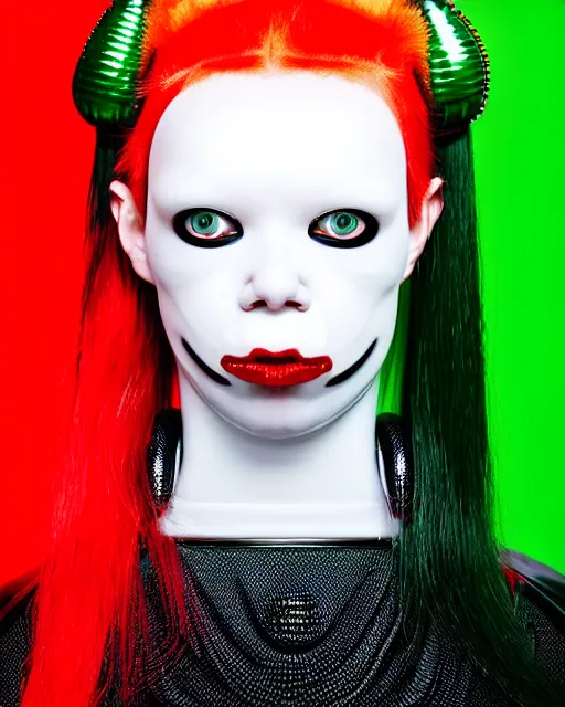 Prompt: symmetrical portrait of an albino woman cyborg wearing a silicone swarovski studded red beauty mask and green hair buns, wearing a black bodysuit armour by alexander mcqueen, cream white background, soft diffused light, biotechnology, humanoid robot, bjork aesthetic, translucent, by rineke dijkstra, intricate details, highly detailed, masterpiece,