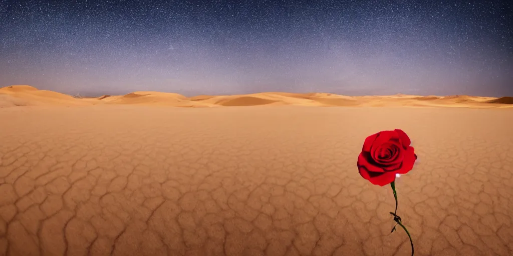 Image similar to a single red rose is growing in the middle of the desert. beautiful starry sky and sand dunes can be seen in the background. wide angle shot, 4 k, golden hour.