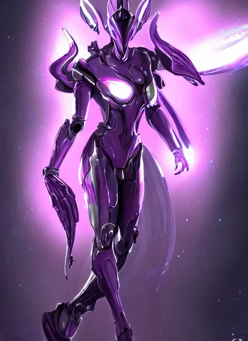 Image similar to cinematic close shot, galactic sized proportional stunning beautiful hot female warframe, sleek mecha goddess dragon head, metal ears, led purple eyes, smooth fuschia skin, smooth silver armor, floating in space, holding a galaxy, epic proportions, epic size, epic detail, furry art, dragon art, giantess art, warframe fanart, furaffinity, octane