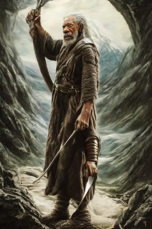 Image similar to morgan freeman starring as gimli in lord of the rings, full body, oil on canvas, intricate, 8 k highly professionally detailed, hdr, cgsociety